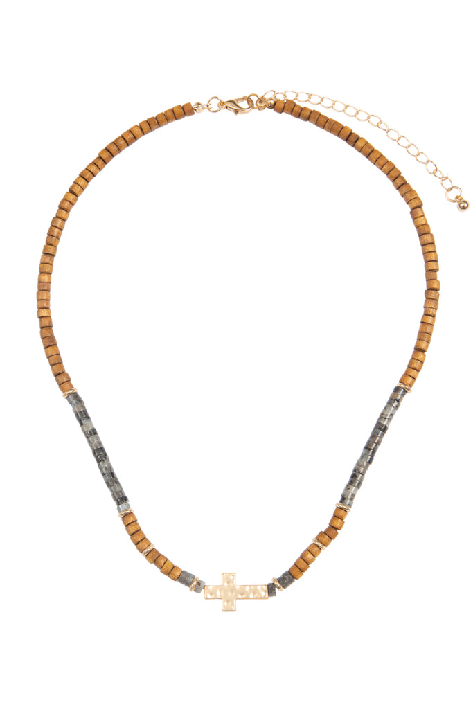 WOOD, NATURAL STONE , CROSS PENDANT NECKLACE