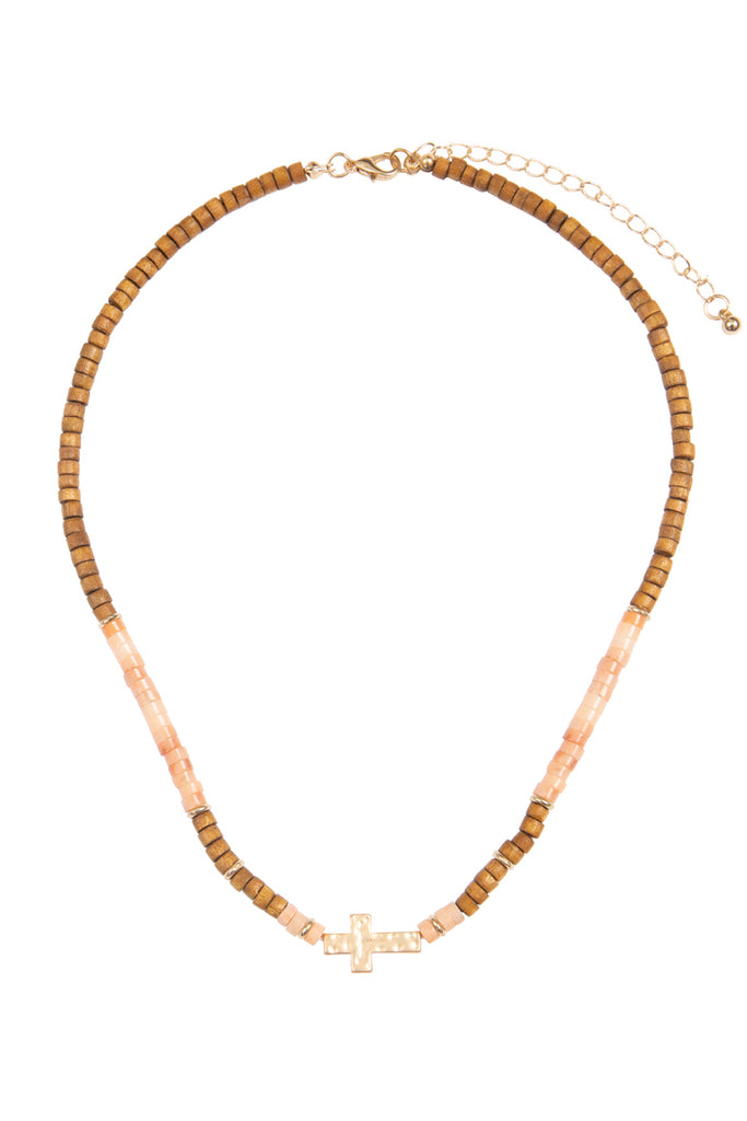 WOOD, NATURAL STONE , CROSS PENDANT NECKLACE