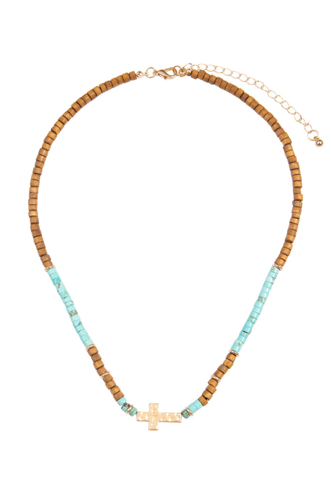 WOOD, NATURAL STONE , CROSS PENDANT NECKLACE