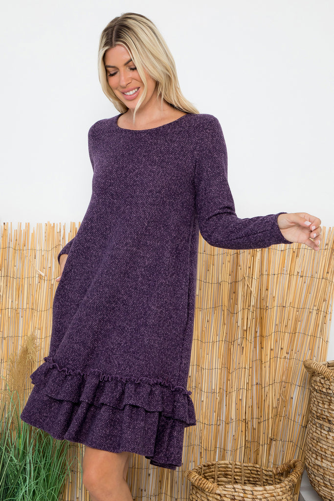 Quarter Sleeved Brushed Layered Ruffle Hem Dress