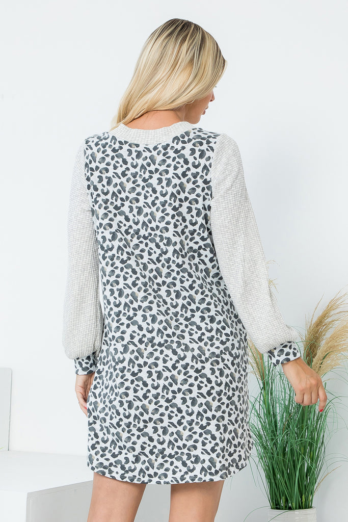 Textured Long Sleeve Animal Printed Dress