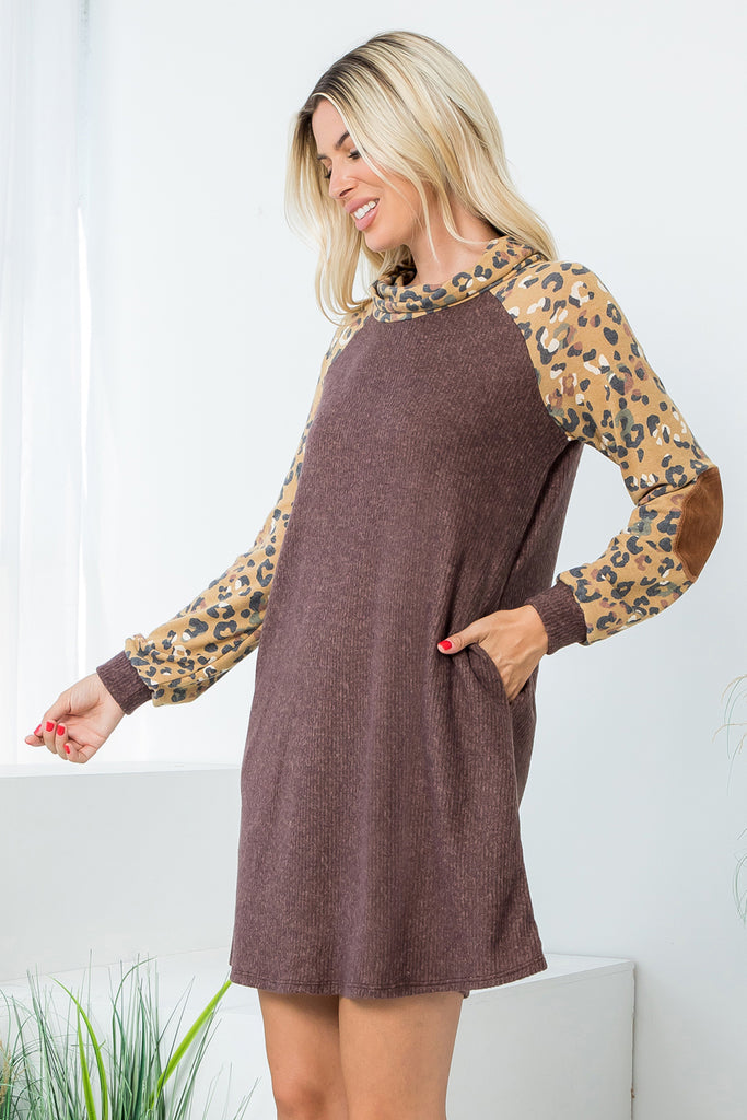 Leopard Long Sleeve Elbow Patch Rib Dress