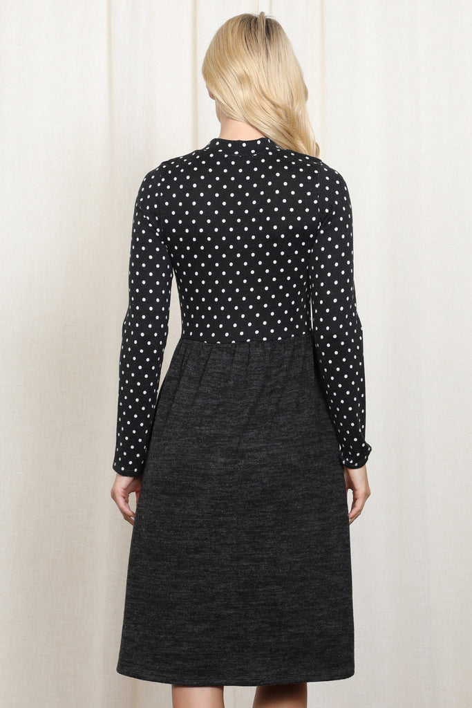 Polka Dot Long Sleeve Hacci Brushed Contrast Dress