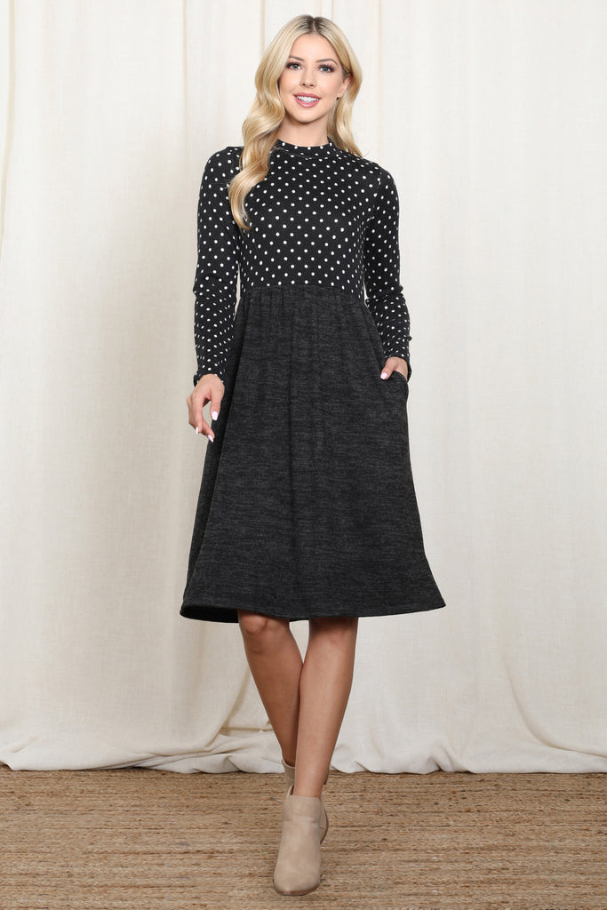 Polka Dot Long Sleeve Hacci Brushed Contrast Dress