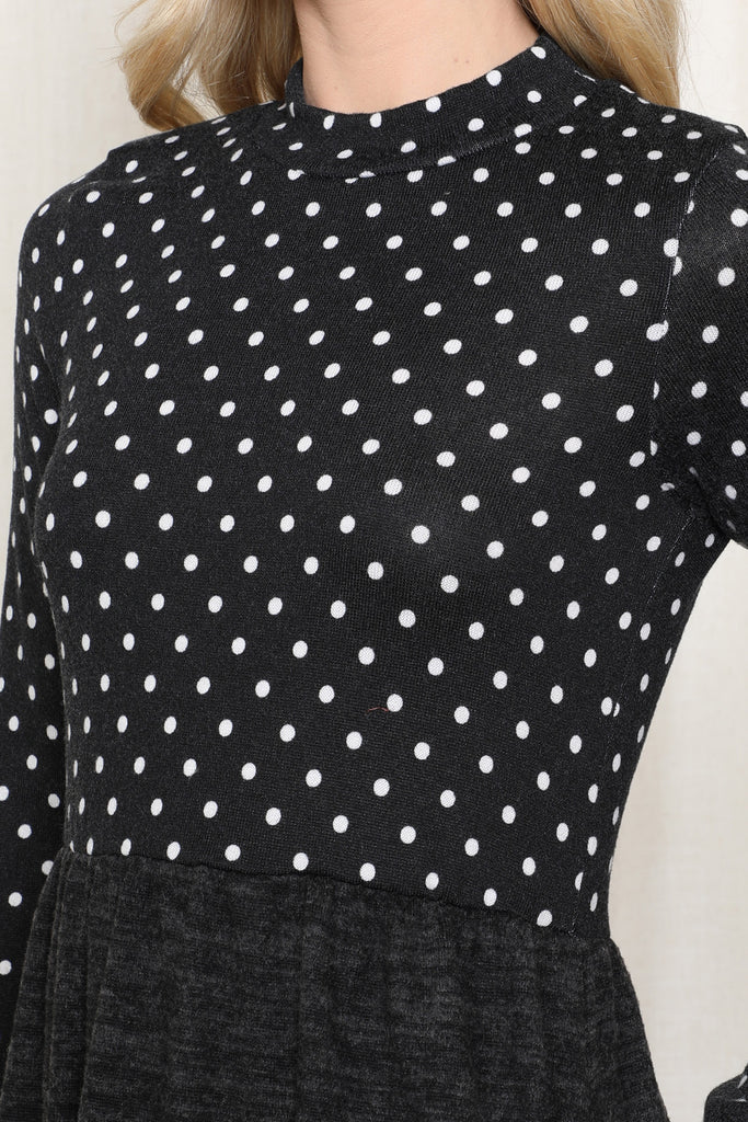 Polka Dot Long Sleeve Hacci Brushed Contrast Dress