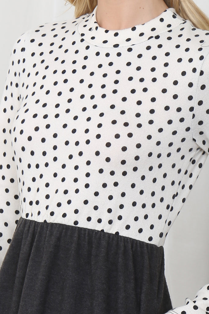 Polka Dot Long Sleeve Hacci Brushed Contrast Dress