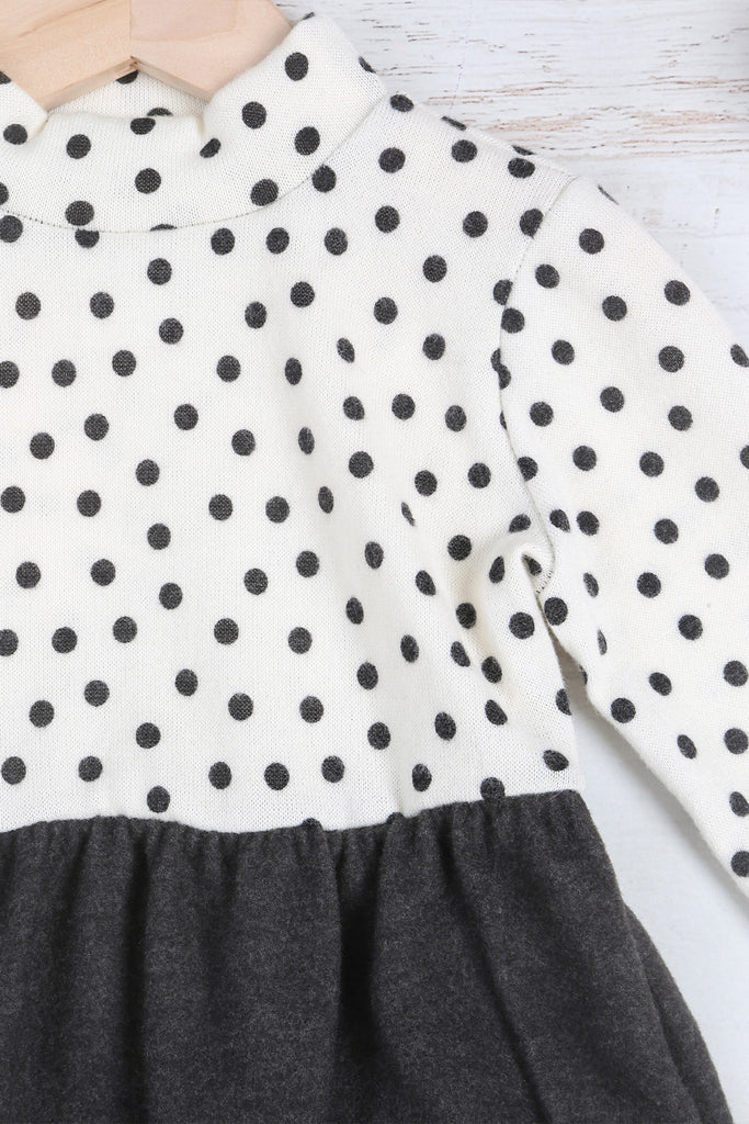 Kids Polka Dot Long Sleeve Hacci Brushed Contrast Dress