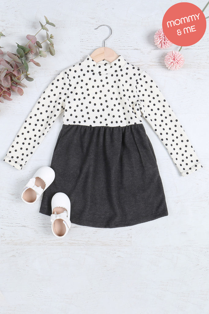 Kids Polka Dot Long Sleeve Hacci Brushed Contrast Dress