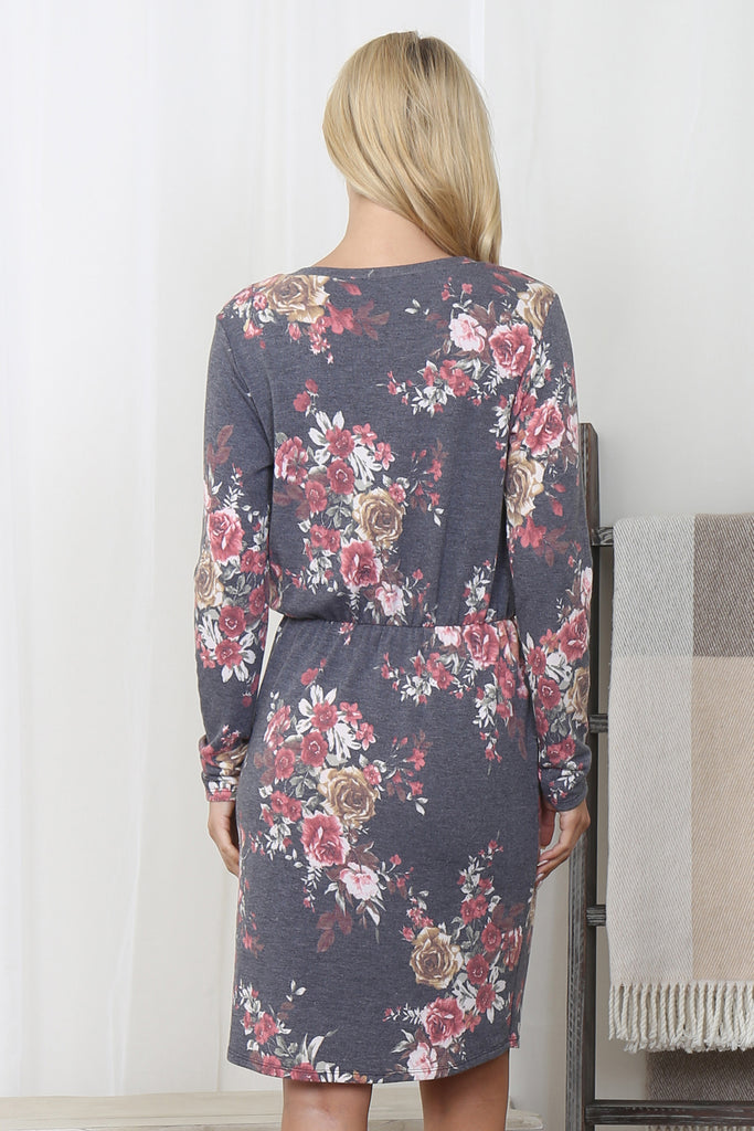 Floral Long Sleeve Elastic Waist Spaghetti Tacking Dress