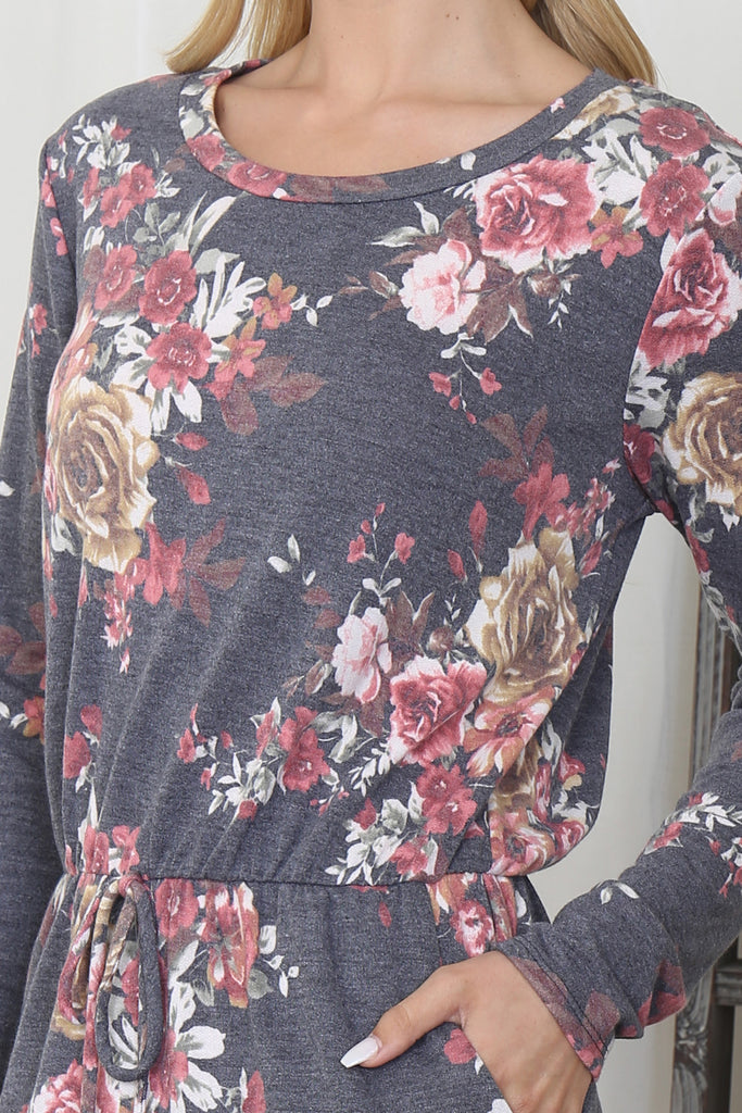 Floral Long Sleeve Elastic Waist Spaghetti Tacking Dress