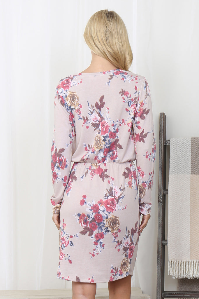 Floral Long Sleeve Elastic Waist Spaghetti Tacking Dress