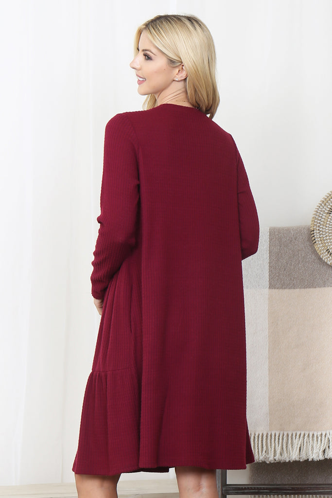 Long Sleeve Round Neck Tiered Waffle Dress