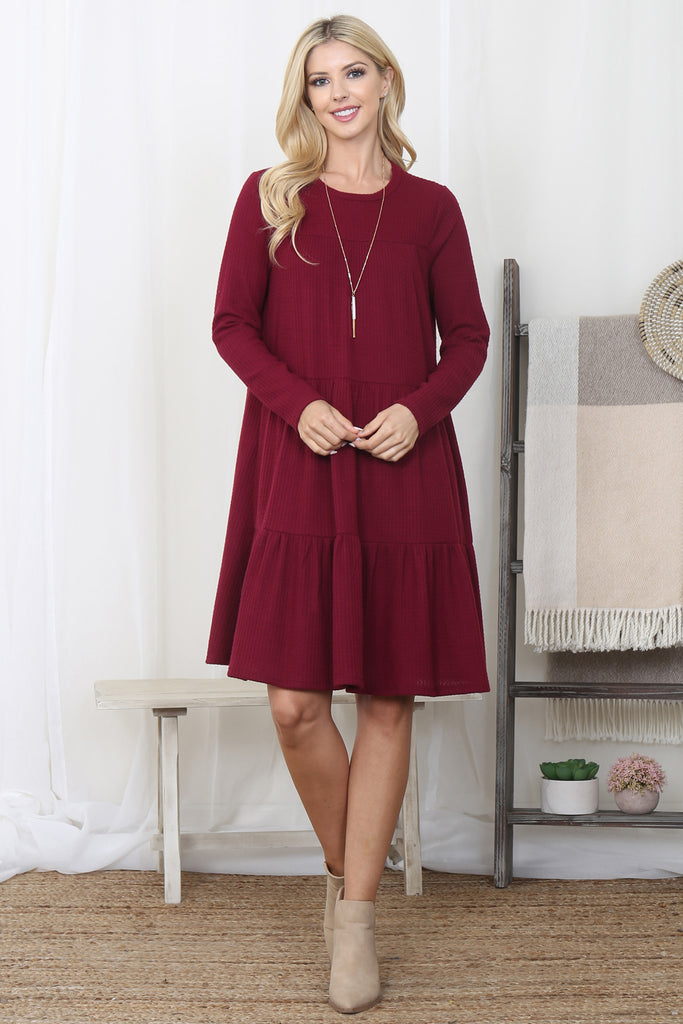 Long Sleeve Round Neck Tiered Waffle Dress