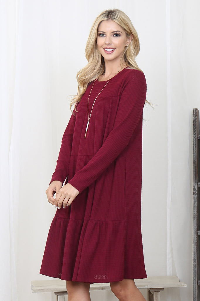 Long Sleeve Round Neck Tiered Waffle Dress