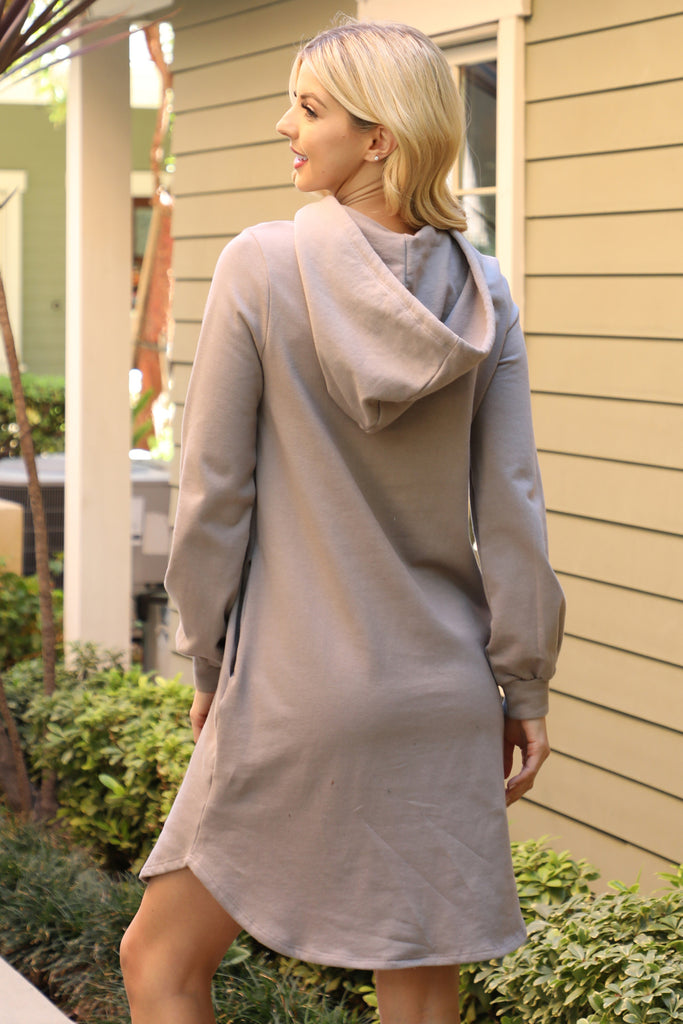 Solid Long Sleeve Hoodie Dress with Drawstring