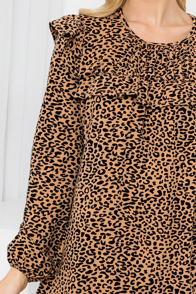 Shirring Ruffle Detail Long Sleeve Animal Printed Dress