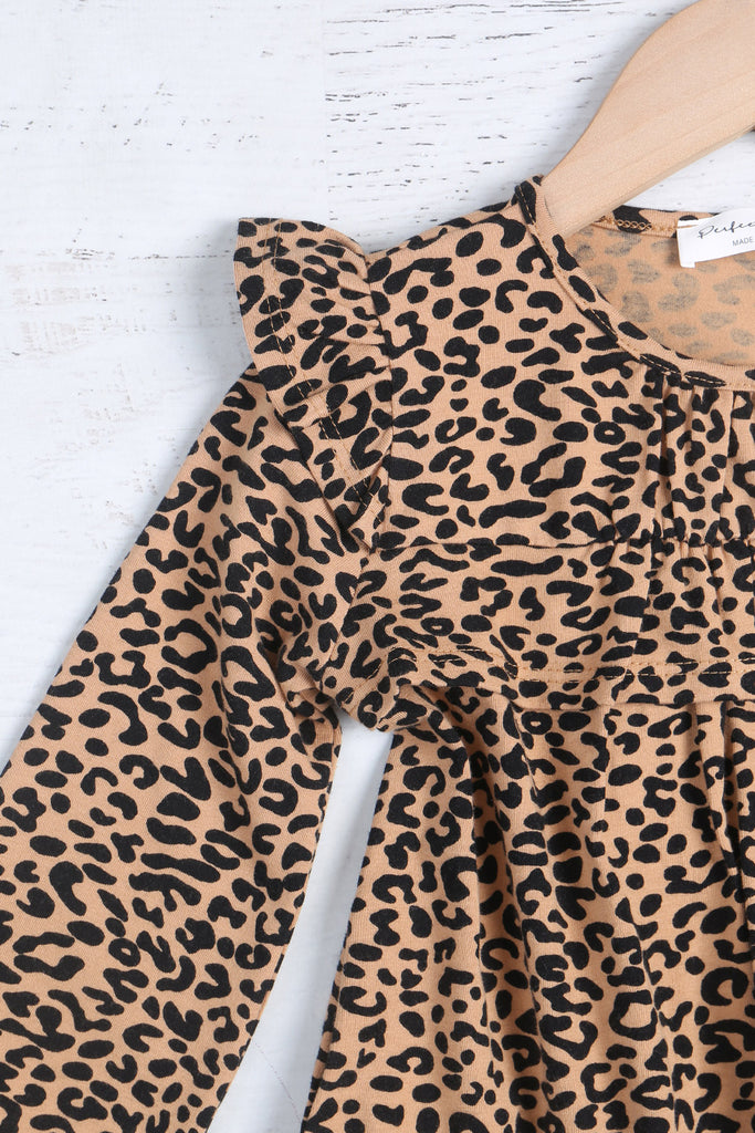 Kids Shirring Ruffle Detail Long Sleeve Animal Printed Dress