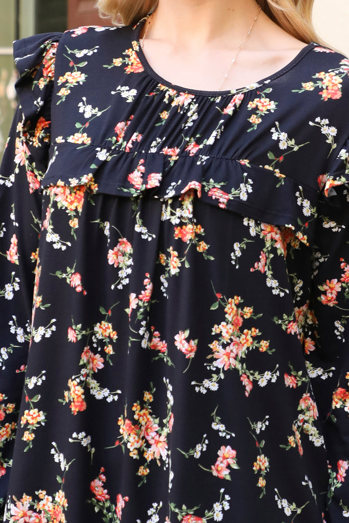 Shirring Ruffle Detail Long Sleeve Floral Dress