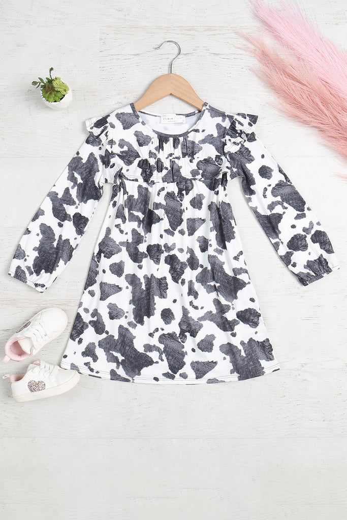 Kids Shirring Ruffle Detail Long Sleeve Animal Printed Dress