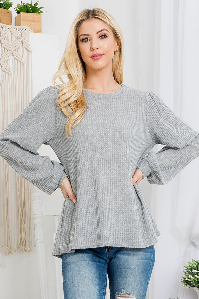 Waffle Brushed Puff Sleeve Round Neck Top