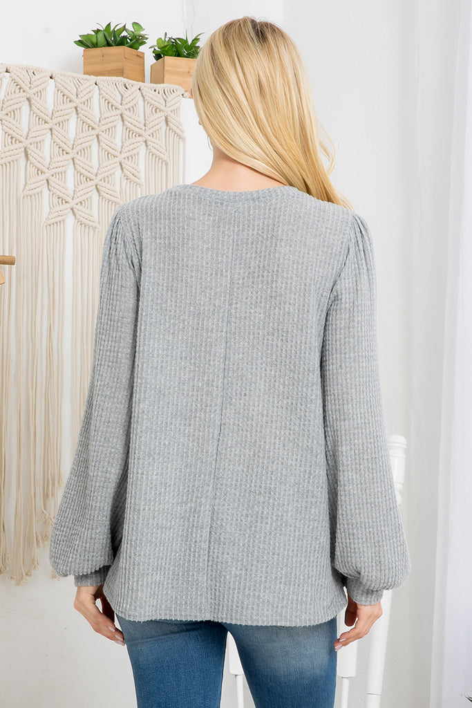 Waffle Brushed Puff Sleeve Round Neck Top