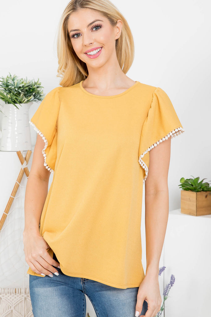 Pompom Detail Butterfly Sleeve Top