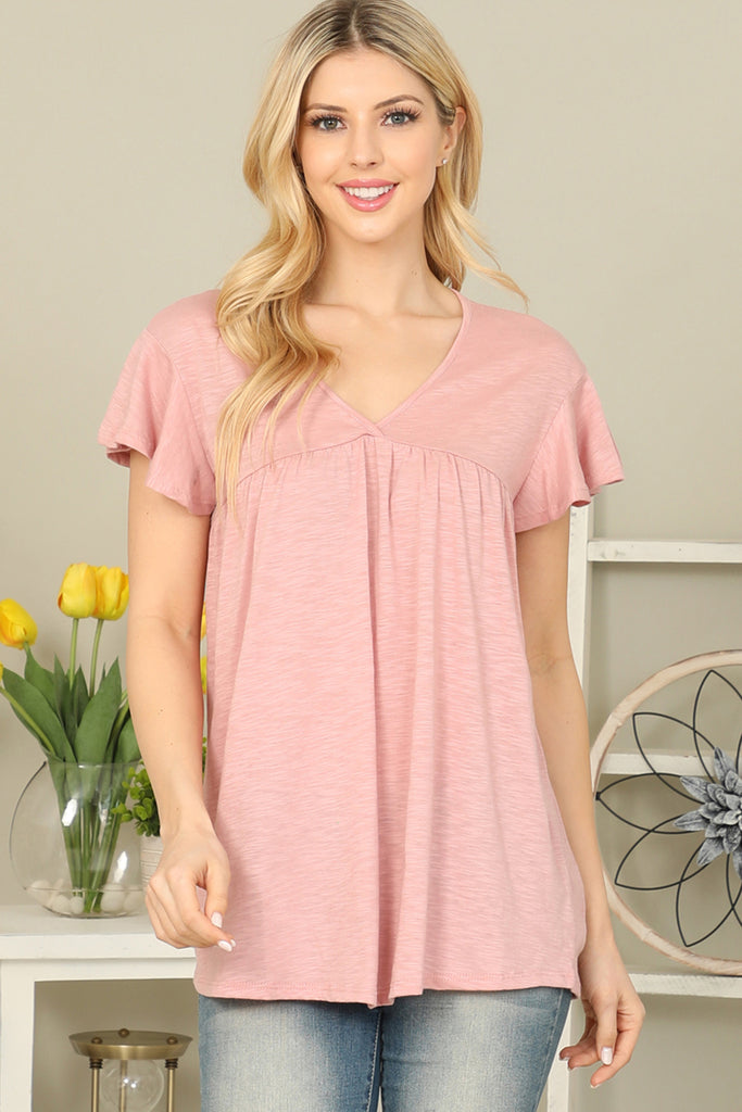 V-Neck Shirring Details Slub Top