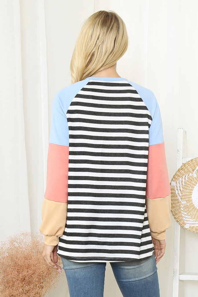 Color Block Long Sleeve Stripe Top