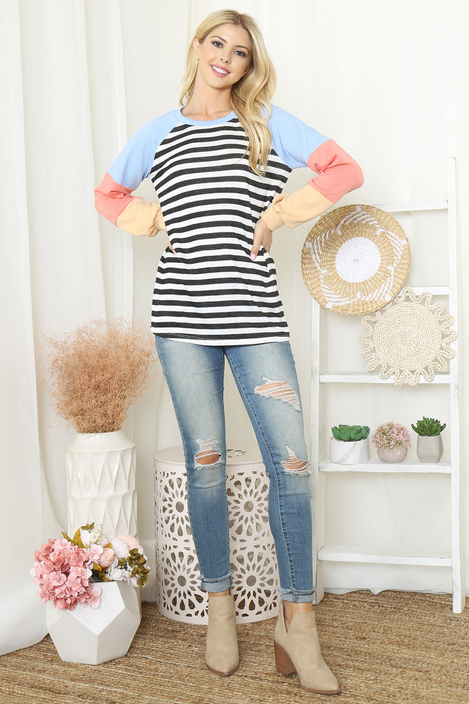 Color Block Long Sleeve Stripe Top