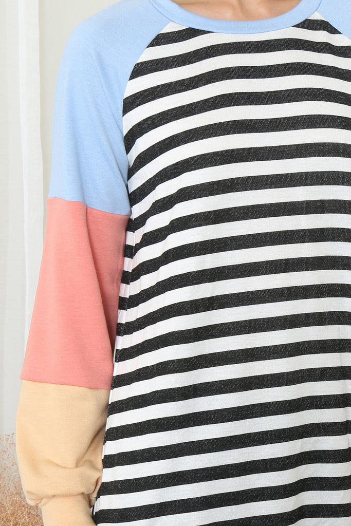 Color Block Long Sleeve Stripe Top