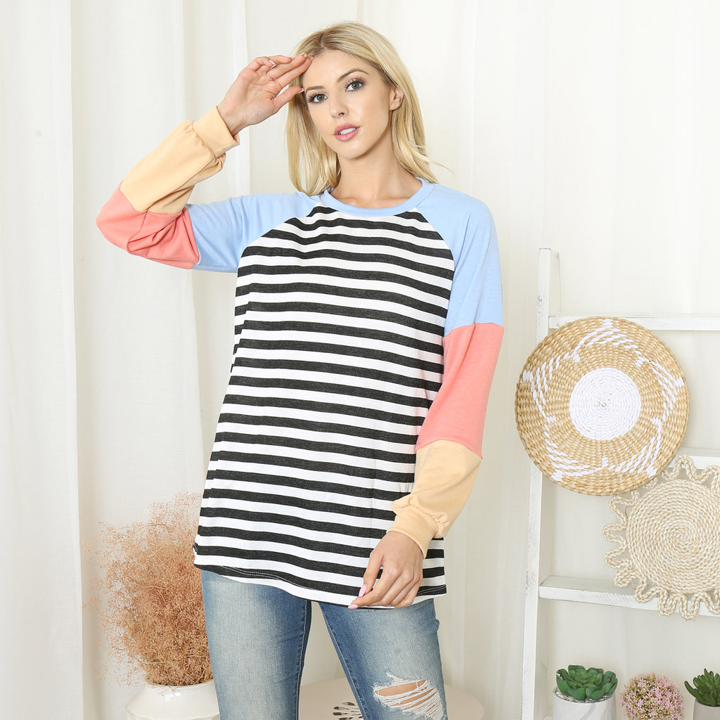 Color Block Long Sleeve Stripe Top