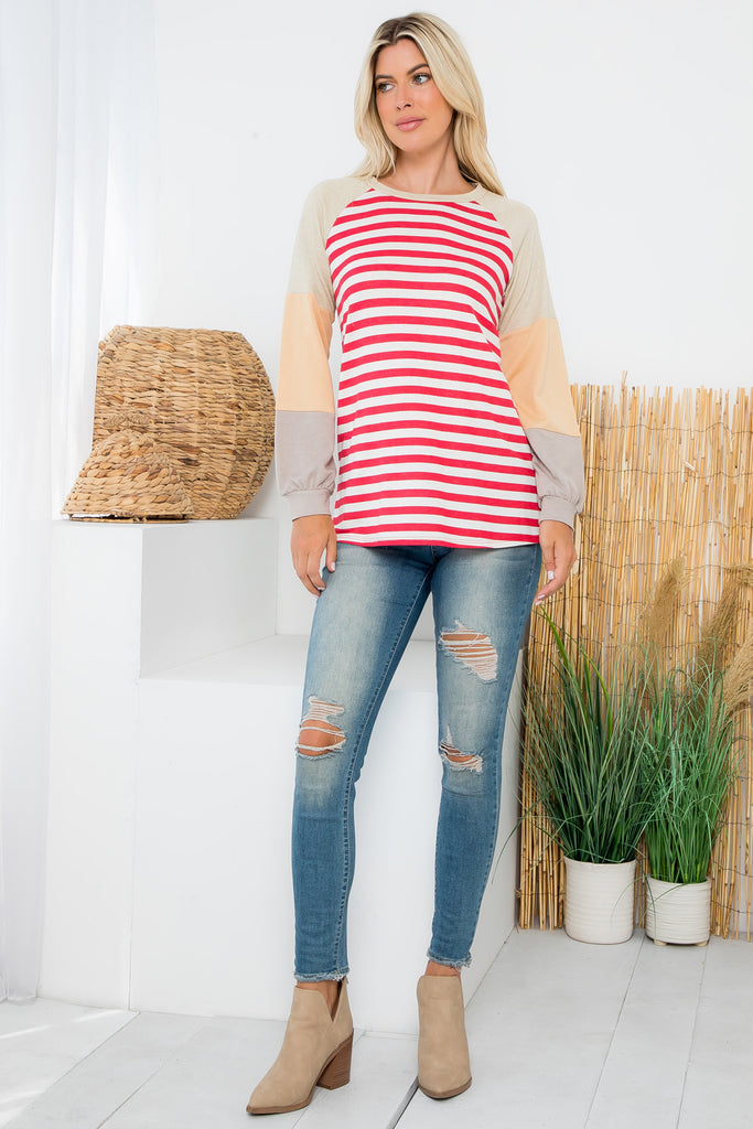 Color Block Long Sleeve Stripe Top