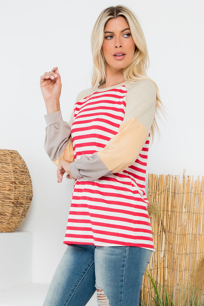 Color Block Long Sleeve Stripe Top