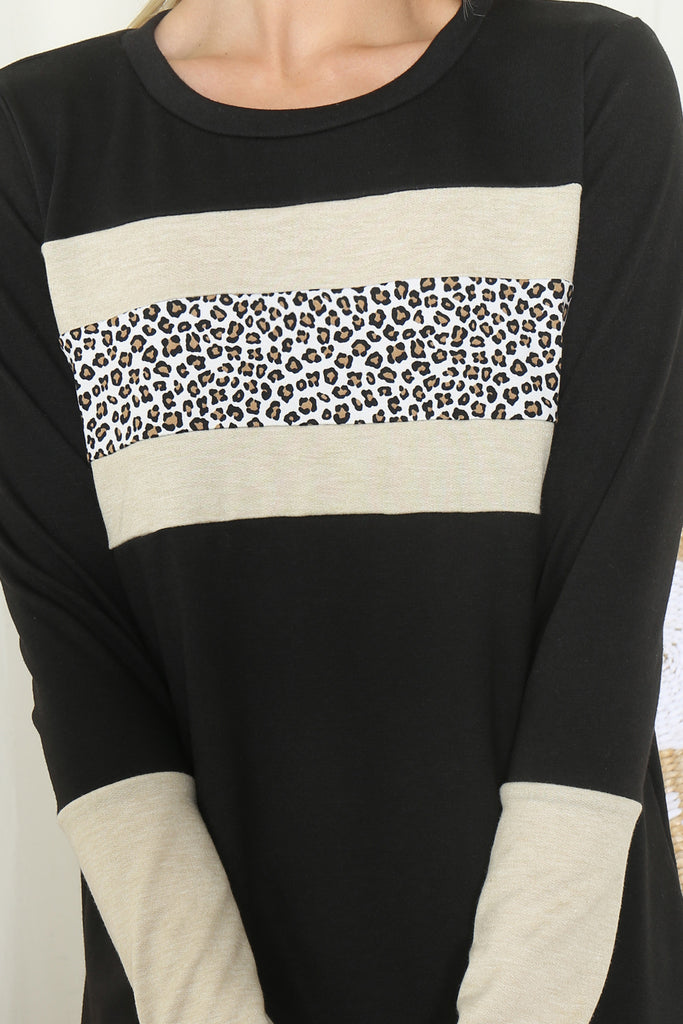 Animal Print Contrast Thumbhole Detail Top