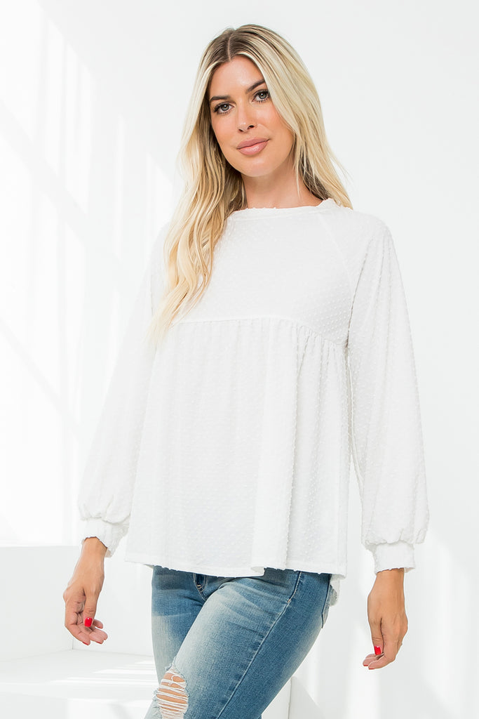 Swiss Dot Long Sleeve Round Neck Top