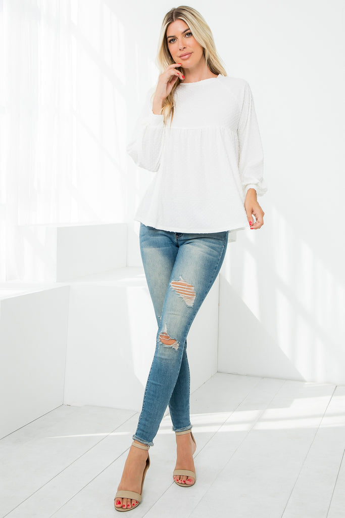 Swiss Dot Long Sleeve Round Neck Top