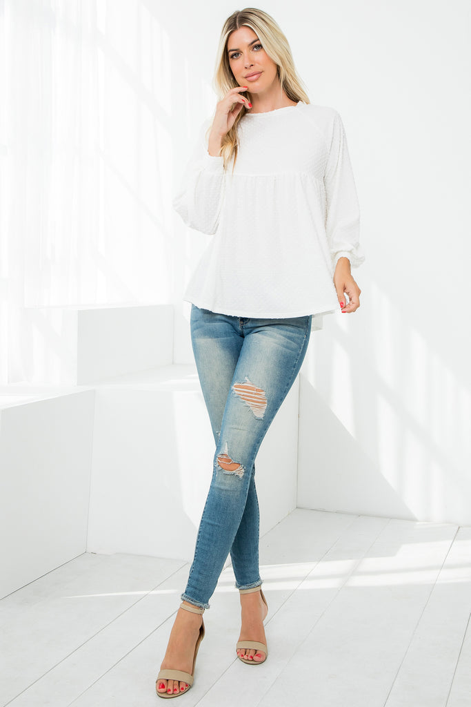 Swiss Dot Long Sleeve Round Neck Top