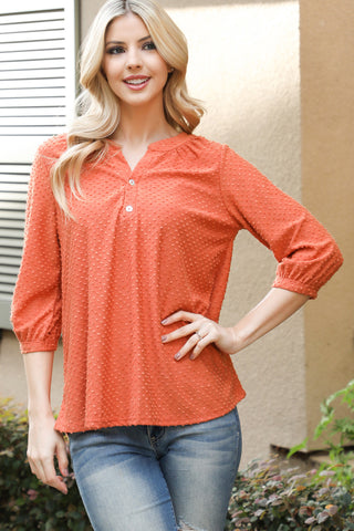 3/4 Sleeve Round Hem Solid Top