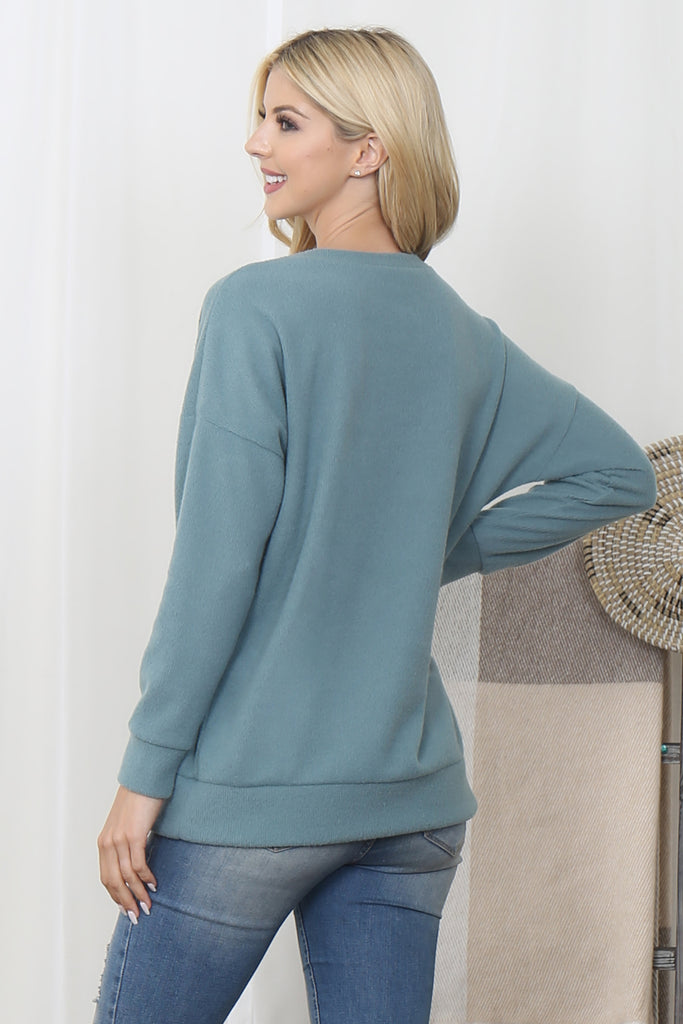 Rib Brushed Pullover Top With Kangaroo Pocket