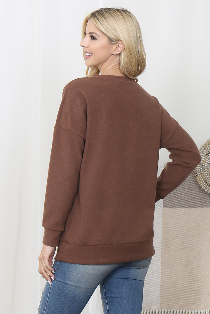 Rib Brushed Pullover Top With Kangaroo Pocket