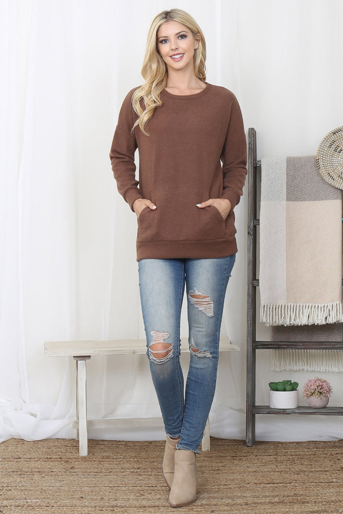 Rib Brushed Pullover Top With Kangaroo Pocket