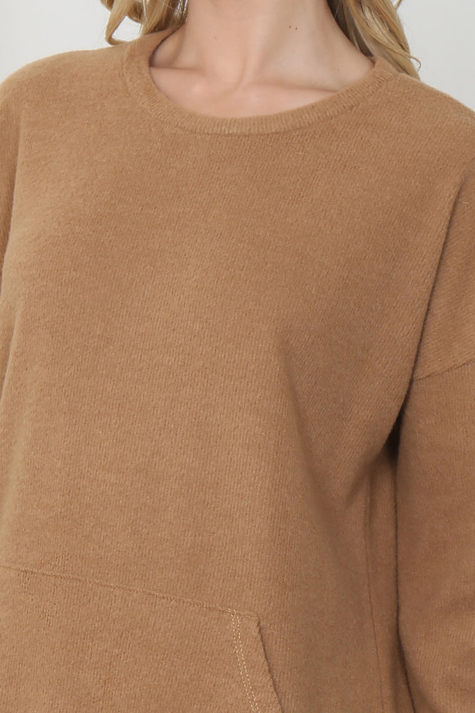 Rib Brushed Pullover Top With Kangaroo Pocket