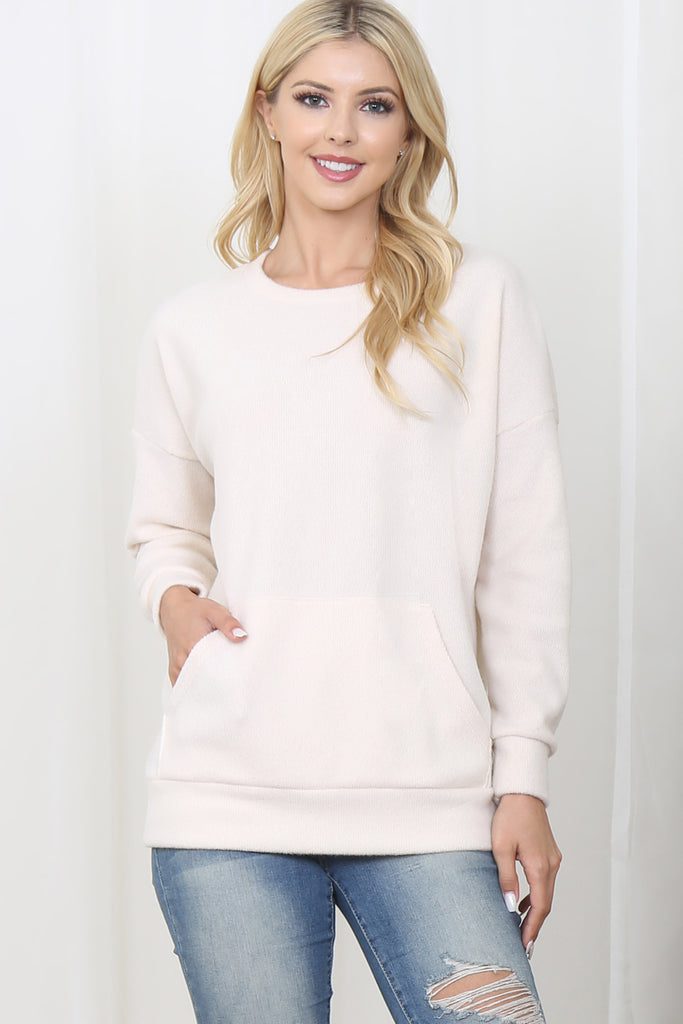 Rib Brushed Pullover Top With Kangaroo Pocket