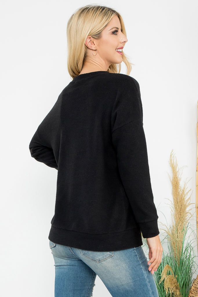 Rib Brushed Pullover Top With Kangaroo Pocket