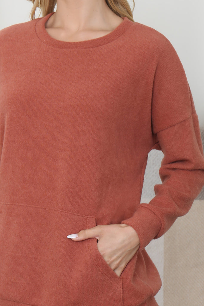 Rib Brushed Pullover Top With Kangaroo Pocket