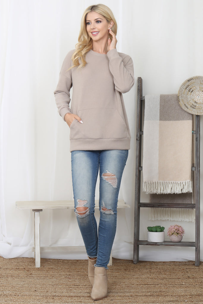 Rib Brushed Pullover Top With Kangaroo Pocket