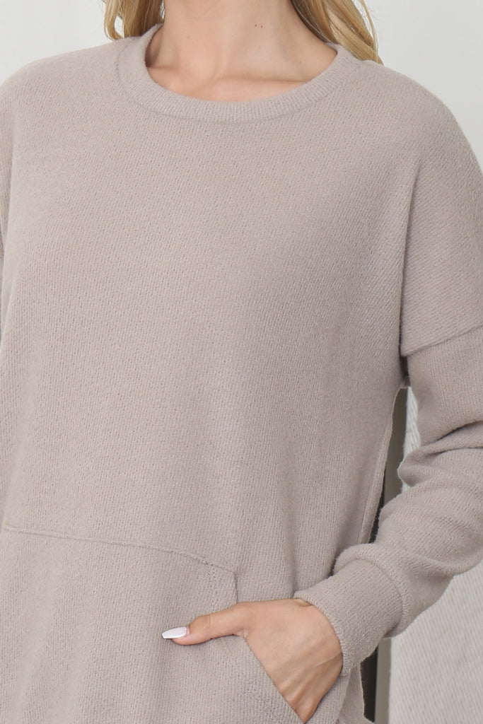 Rib Brushed Pullover Top With Kangaroo Pocket