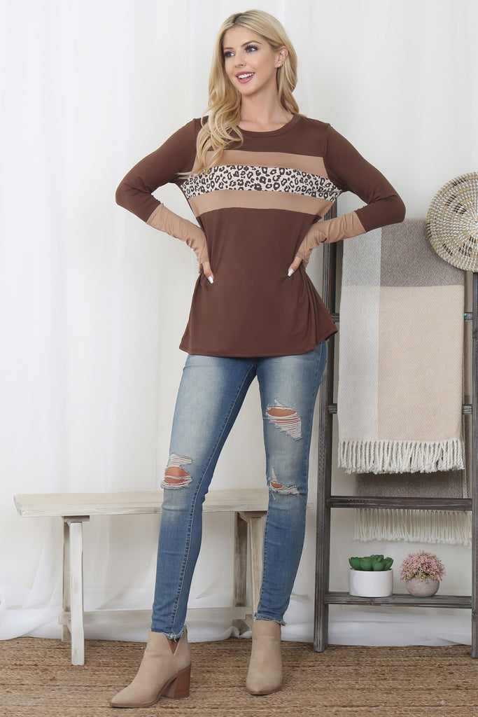 Animal Print Contrast Thumbhole Detail Knit Top