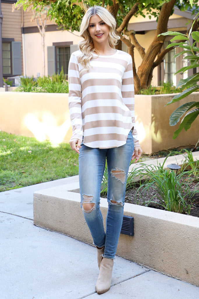 LONG SLEEVE DOLPHIN HEM BOLD STRIPES TOP