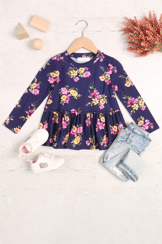 Kids Floral Reverse Cover Stitched Shirring Hem Top